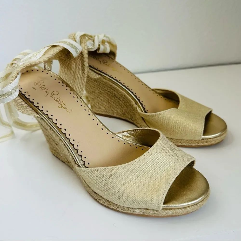Lily Pulitzer Natural Gold Peep Toe‎ Ankle Tie Up Straw Wedges Size 8